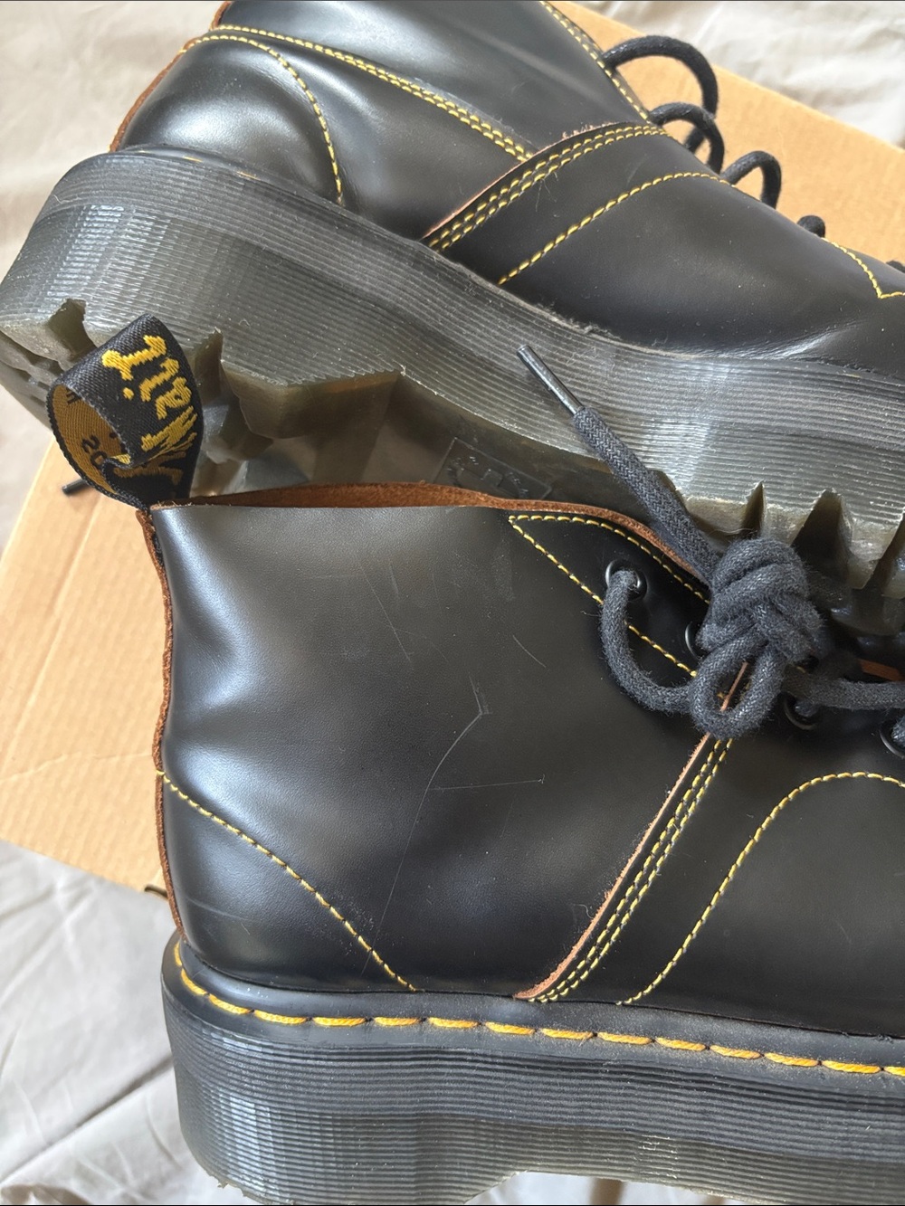 Dr. Martens Black Leather Lace-Up Ankle Boots with Yellow Stitching - Picture 4 of 6